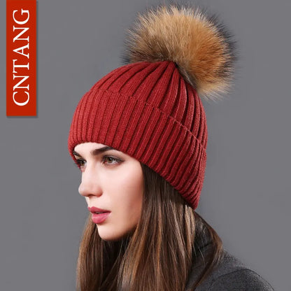 The Megeve | Classic Raccoon Fur Pompom Knitted Beanie | Urban Caps NZ