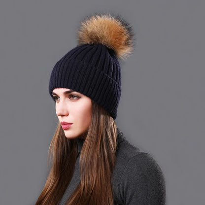 The Aspen | Raccoon Fur Pompom Casual Knitted Beanie | Urban Caps NZ
