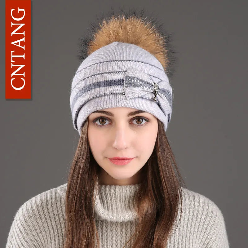 The Megeve | Classic Raccoon Fur Pompom Knitted Beanie | Urban Caps NZ
