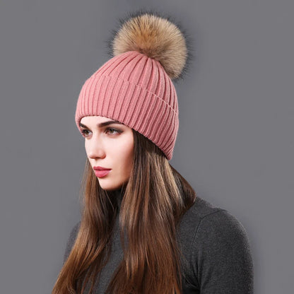 The Aspen | Raccoon Fur Pompom Casual Knitted Beanie | Urban Caps NZ