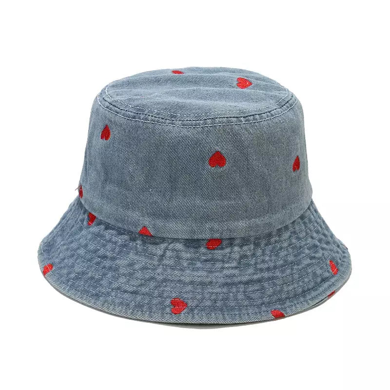 Hearts Denim Bucket Hat - Denim With Red Hearts Motif For Casual Style Trendy Appeal