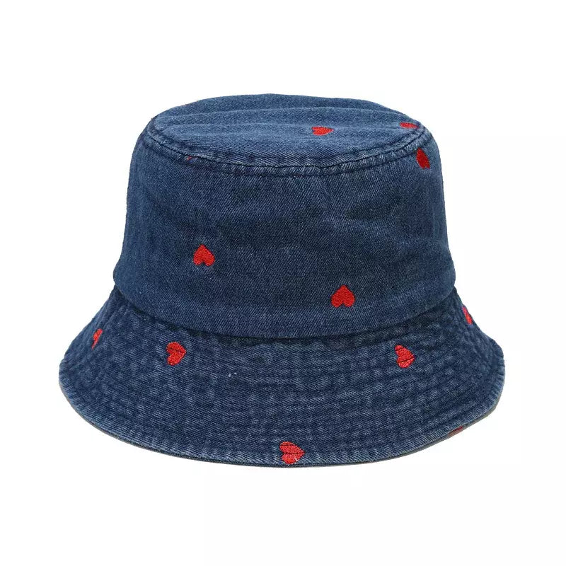 Hearts Denim Bucket Hat - Denim With Red Hearts Motif For Casual Style Trendy Appeal