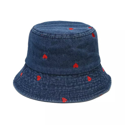 Hearts Denim Bucket Hat - Denim With Red Hearts Motif For Casual Style Trendy Appeal