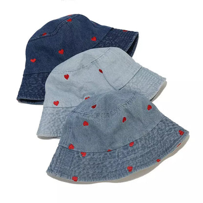 Hearts Denim Bucket Hat - Denim With Red Hearts Motif For Casual Style Trendy Appeal