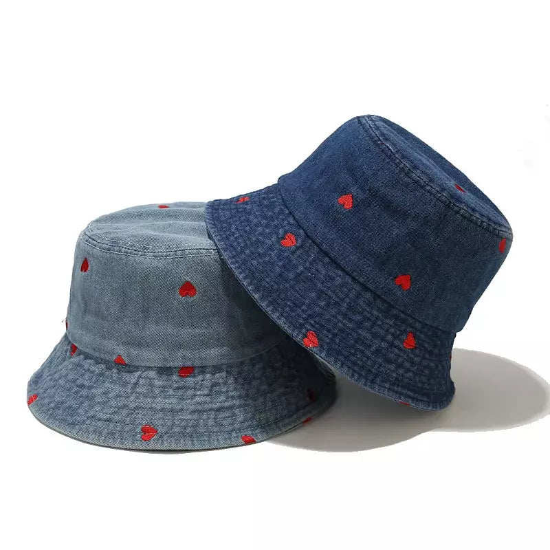 Hearts Denim Bucket Hat - Denim With Red Hearts Motif For Casual Style Trendy Appeal