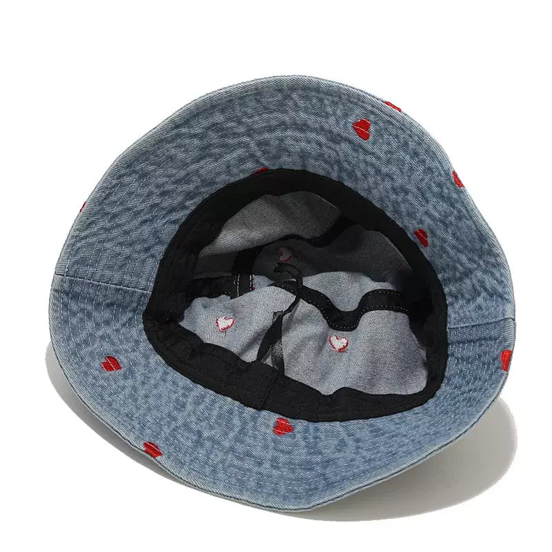 Hearts Denim Bucket Hat - Denim With Red Hearts Motif For Casual Style Trendy Appeal