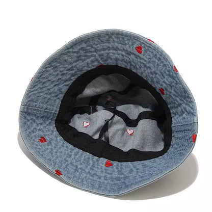 Hearts Denim Bucket Hat - Denim With Red Hearts Motif For Casual Style Trendy Appeal
