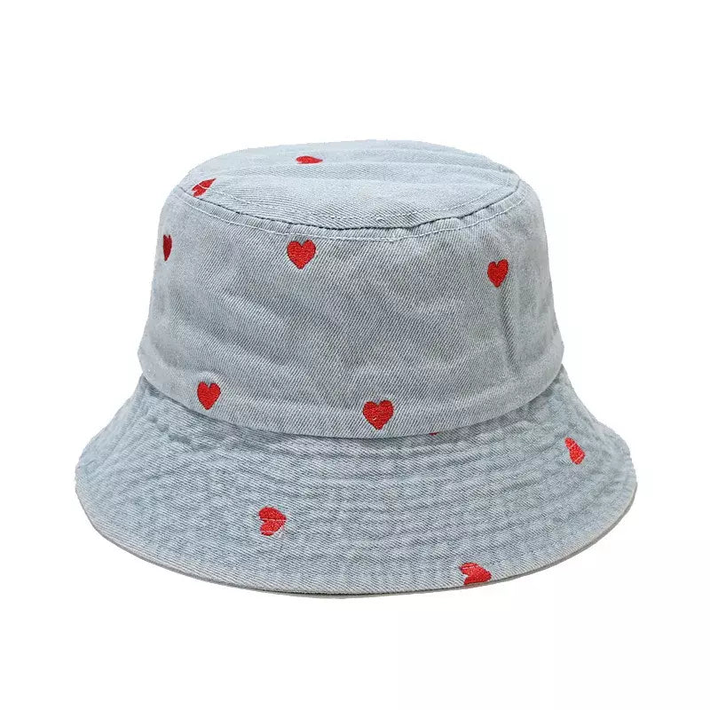 Hearts Denim Bucket Hat - Denim With Red Hearts Motif For Casual Style Trendy Appeal