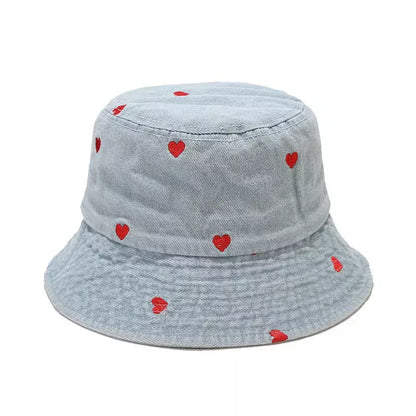 Hearts Denim Bucket Hat - Denim With Red Hearts Motif For Casual Style Trendy Appeal
