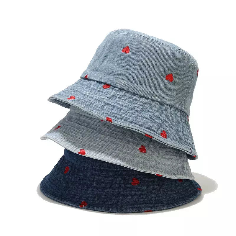 Hearts Denim Bucket Hat - Denim With Red Hearts Motif For Casual Style Trendy Appeal