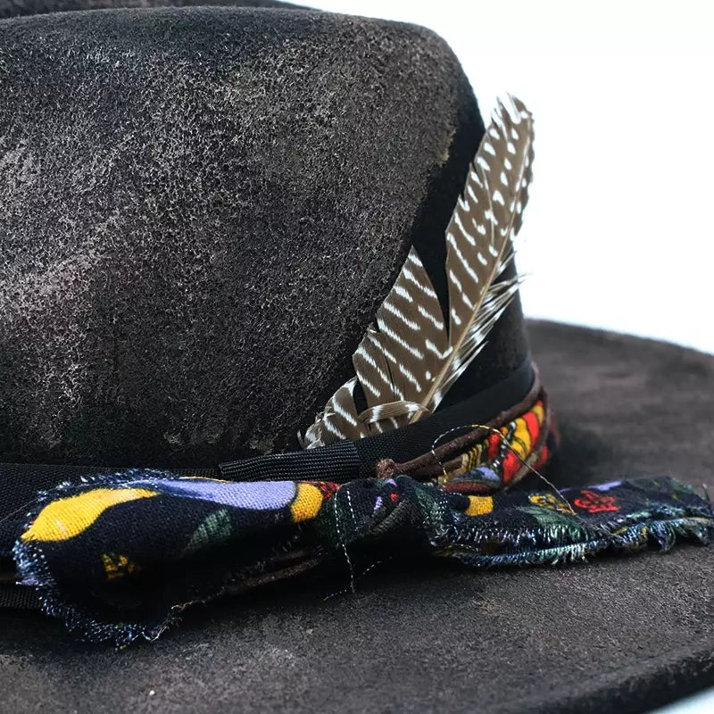 Hereford Retro Fedora Hat - Handmade Burned Finish With Subtle Peasant Feathers Accent