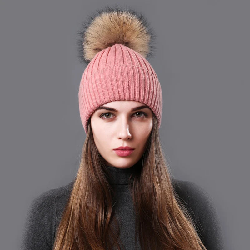 The Aspen | Raccoon Fur Pompom Casual Knitted Beanie | Urban Caps NZ