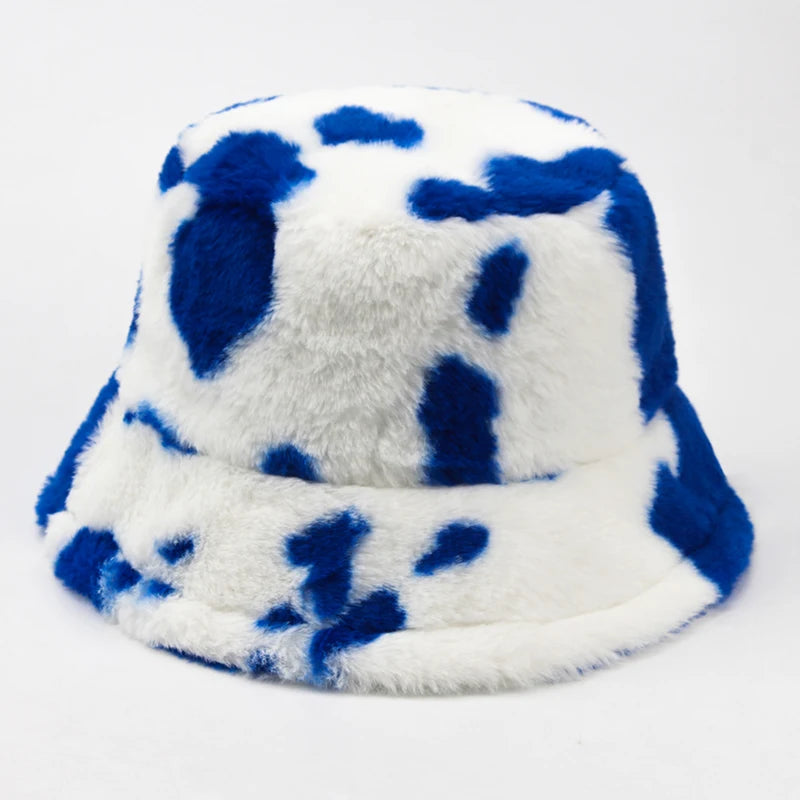 Plush Cow Print Bucket Hat | Warm Winter Panama Hat | Urban Caps NZ