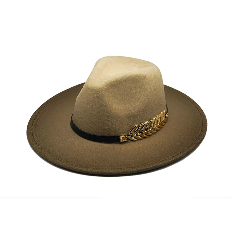 Golden Feather Gradient Fedora Hat - Cotton Material With Gold Feather Gradient Detail