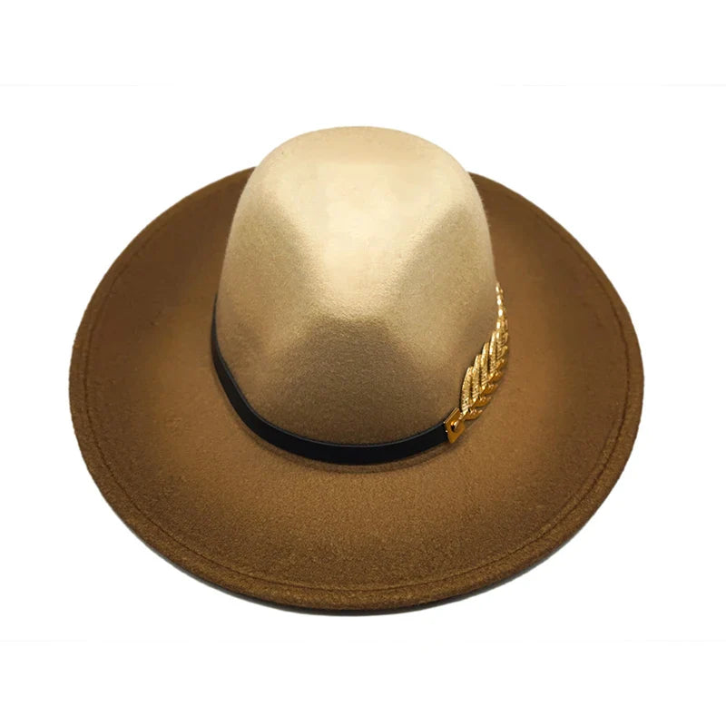 Golden Feather Gradient Fedora Hat - Cotton Material With Gold Feather Gradient Detail