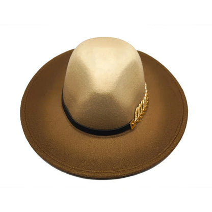 Golden Feather Gradient Fedora Hat - Cotton Material With Gold Feather Gradient Detail