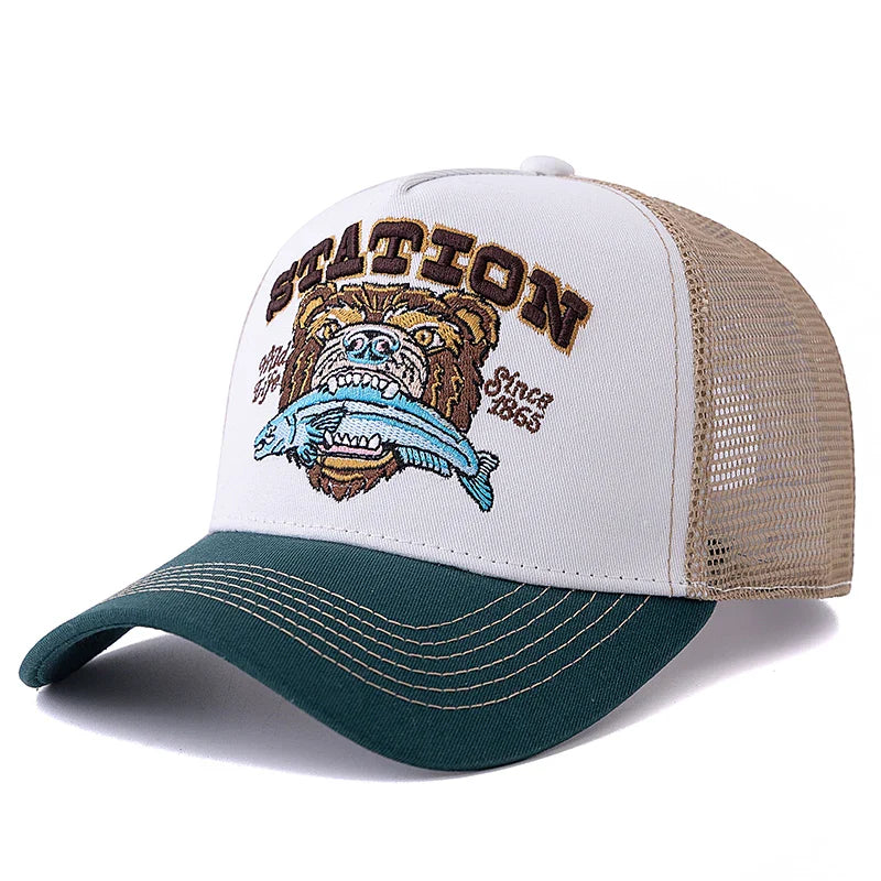 Hunting Bear Station Trucker Cap - Rugged Trucker Hat With Classic Silhouette For Hunting
