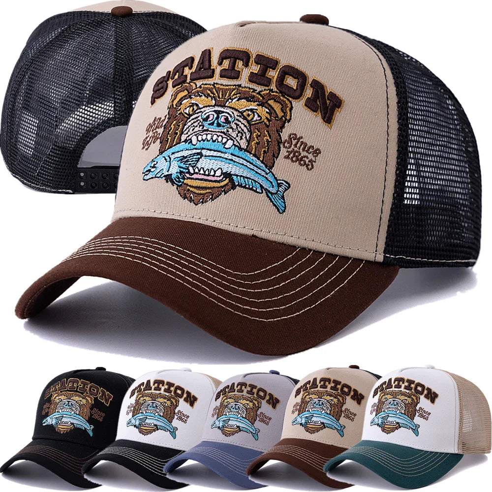 Hunting Bear Station Trucker Cap - Rugged Trucker Hat With Classic Silhouette For Hunting