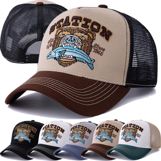 Hunting Bear Station Trucker Cap - Rugged Trucker Hat With Classic Silhouette For Hunting