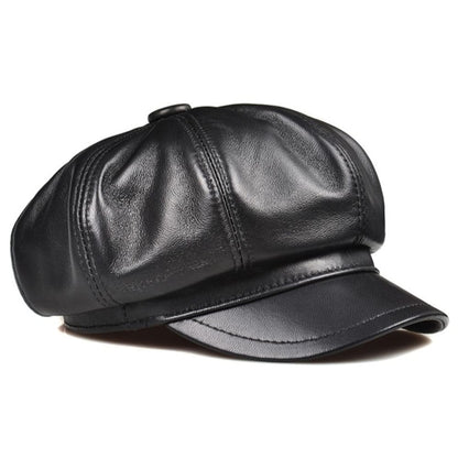 La Spezia Black Genuine Leather Newsboy Cap - Vintage Charm Meets Modern Edge With Style