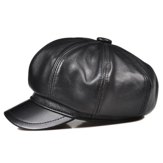 La Spezia Black Genuine Leather Newsboy Cap - Vintage Charm Meets Modern Edge With Style