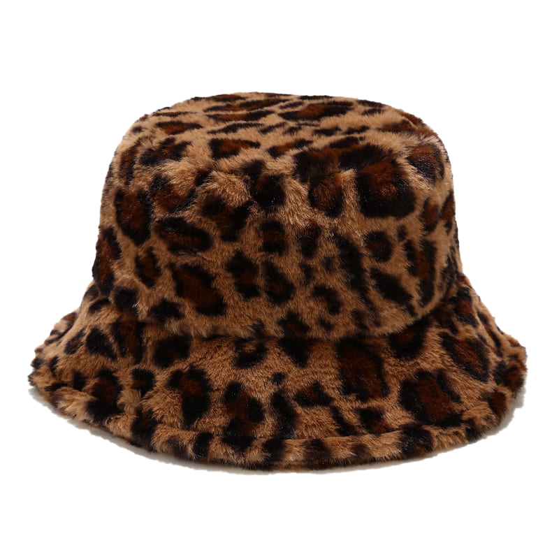 Leopard Print Fur Bucket Hat – Soft Fleece Adjustable Statement Hat