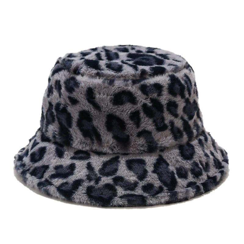 Leopard Print Fur Bucket Hat – Soft Fleece Adjustable Statement Hat