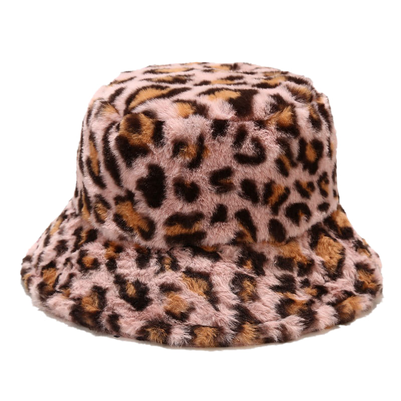 Leopard Print Fur Bucket Hat – Soft Fleece Adjustable Statement Hat