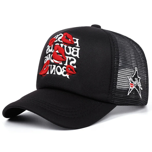 Lipstick Star Cotton Trucker Cap - Embroidered Lipstick Star Details On A Cotton Trucker