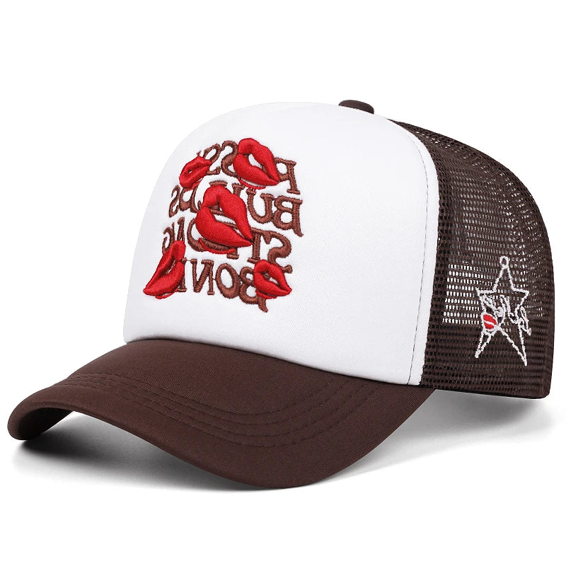 Lipstick Star Cotton Trucker Cap - Embroidered Lipstick Star Details On A Cotton Trucker