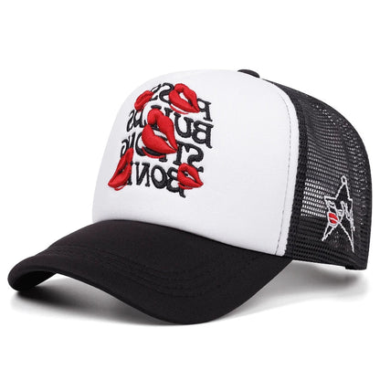Lipstick Star Cotton Trucker Cap - Embroidered Lipstick Star Details On A Cotton Trucker