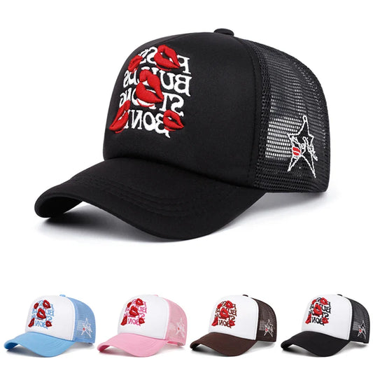 Lipstick Star Cotton Trucker Cap - Embroidered Lipstick Star Details On A Cotton Trucker