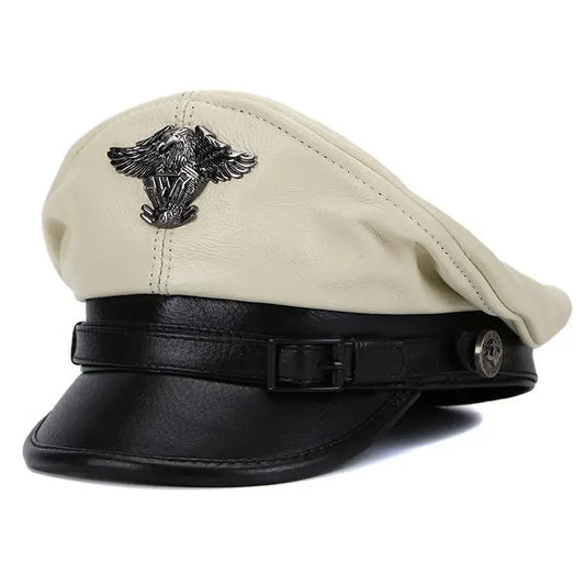 Military Captain Genuine Leather Sailor Cap - Classic Leather Sailor Cap For Military Look