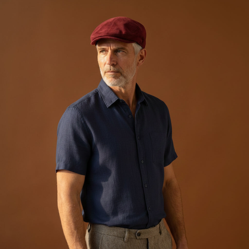 Man wearing a beige shirt and red cap against a brown background