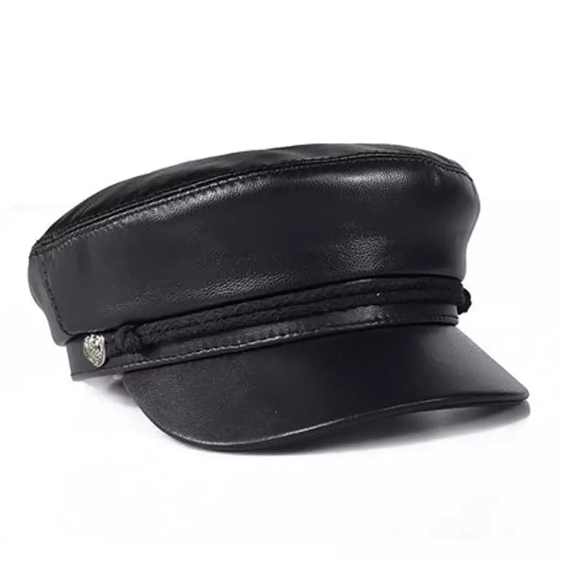Montpellier Black Genuine Leather Sailor Cap - Nautical Leather Cap in Classic Style