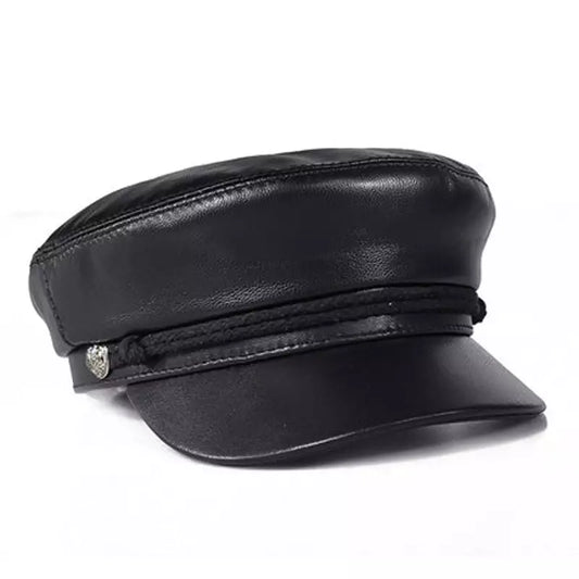 Montpellier Black Genuine Leather Sailor Cap - Nautical Leather Cap in Classic Style