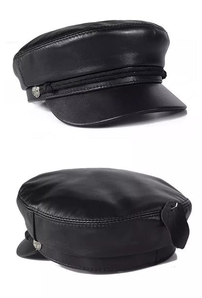 Montpellier Black Genuine Leather Sailor Cap - Nautical Leather Cap in Classic Style