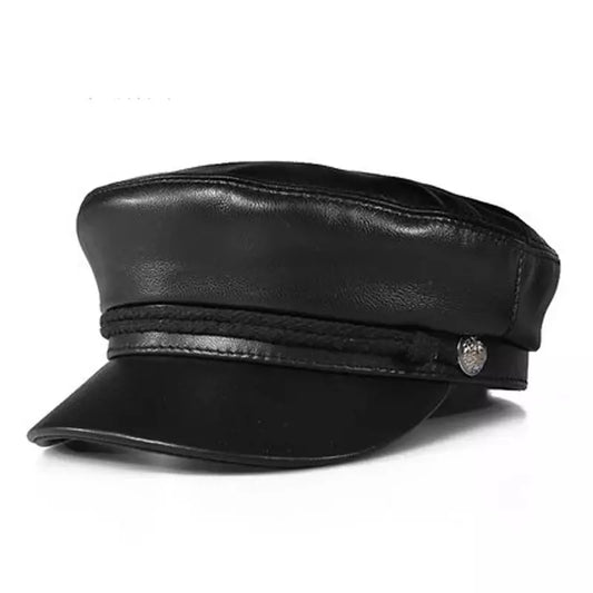 Montpellier Black Genuine Leather Sailor Cap - Nautical Leather Cap in Classic Style
