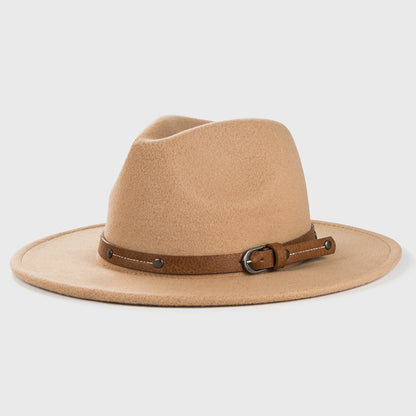 Monochrome Belt Metal Buckle Simple Big Brim Jazz Cowboy Hat - Urban Caps 