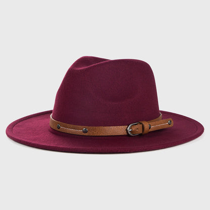 Monochrome Belt Metal Buckle Simple Big Brim Jazz Cowboy Hat - Urban Caps 