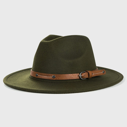 Monochrome Belt Metal Buckle Simple Big Brim Jazz Cowboy Hat - Urban Caps 
