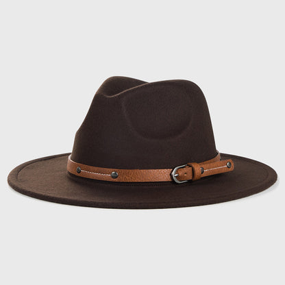 Monochrome Belt Metal Buckle Simple Big Brim Jazz Cowboy Hat - Urban Caps 