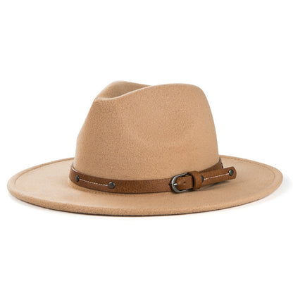 Monochrome Belt Metal Buckle Simple Big Brim Jazz Cowboy Hat - Urban Caps 