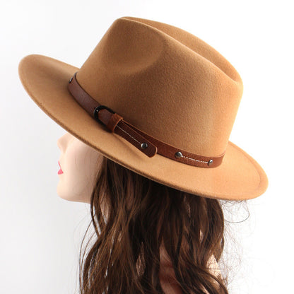 Monochrome Belt Metal Buckle Simple Big Brim Jazz Cowboy Hat - Urban Caps 