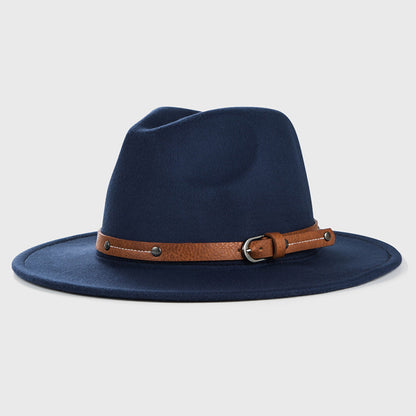 Monochrome Belt Metal Buckle Simple Big Brim Jazz Cowboy Hat - Urban Caps 