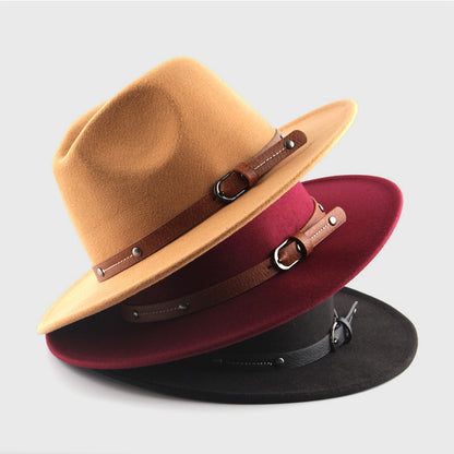 Monochrome Belt Metal Buckle Simple Big Brim Jazz Cowboy Hat - Urban Caps 