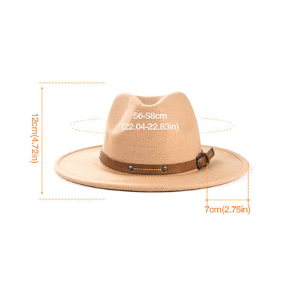 Monochrome Belt Metal Buckle Simple Big Brim Jazz Cowboy Hat - Urban Caps 