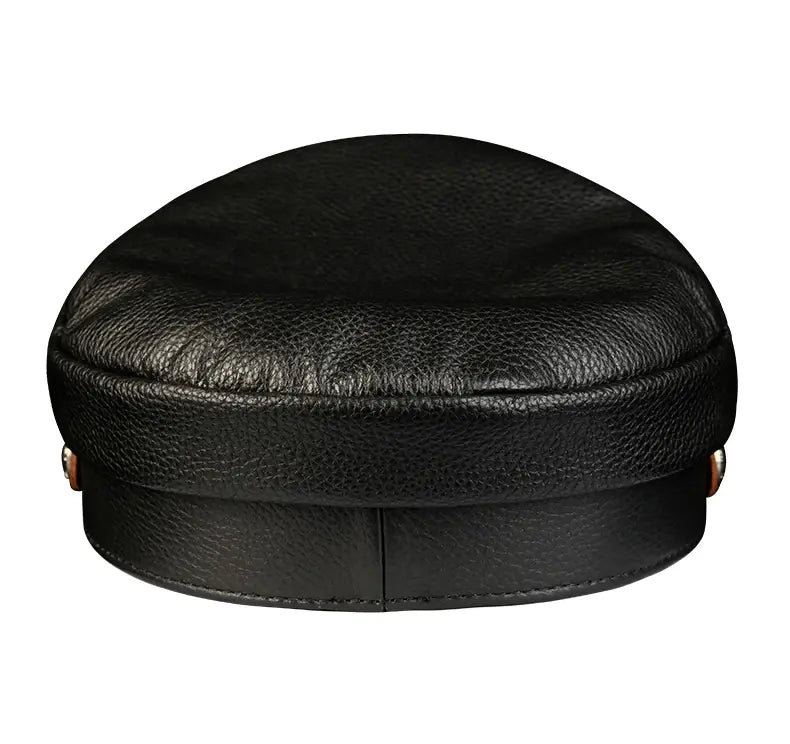 Orson Black Genuine Leather Military Cap - Classic Timeless Black Leather Hat For Men