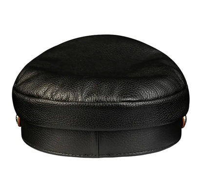 Orson Black Genuine Leather Military Cap - Classic Timeless Black Leather Hat For Men