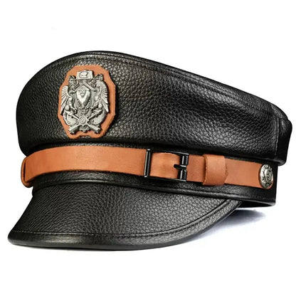 Orson Black Genuine Leather Military Cap - Classic Timeless Black Leather Hat For Men